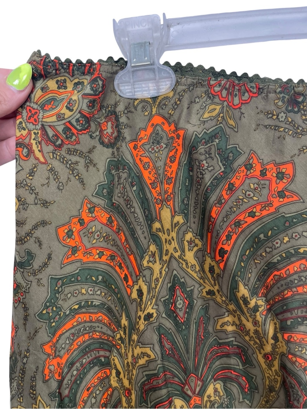 NY&Co. 100% Silk Midi Skirt Paisley 90s Olive Boho Earthtone Witchy LG Grunge - Picture 5 of 13
